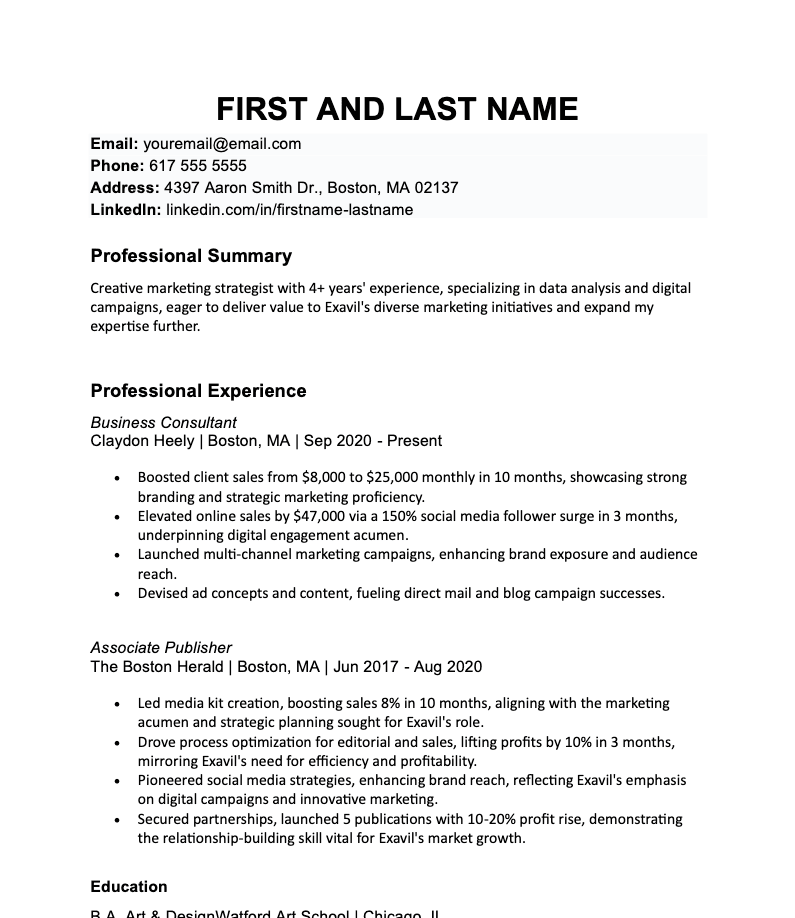 Example resume after customization