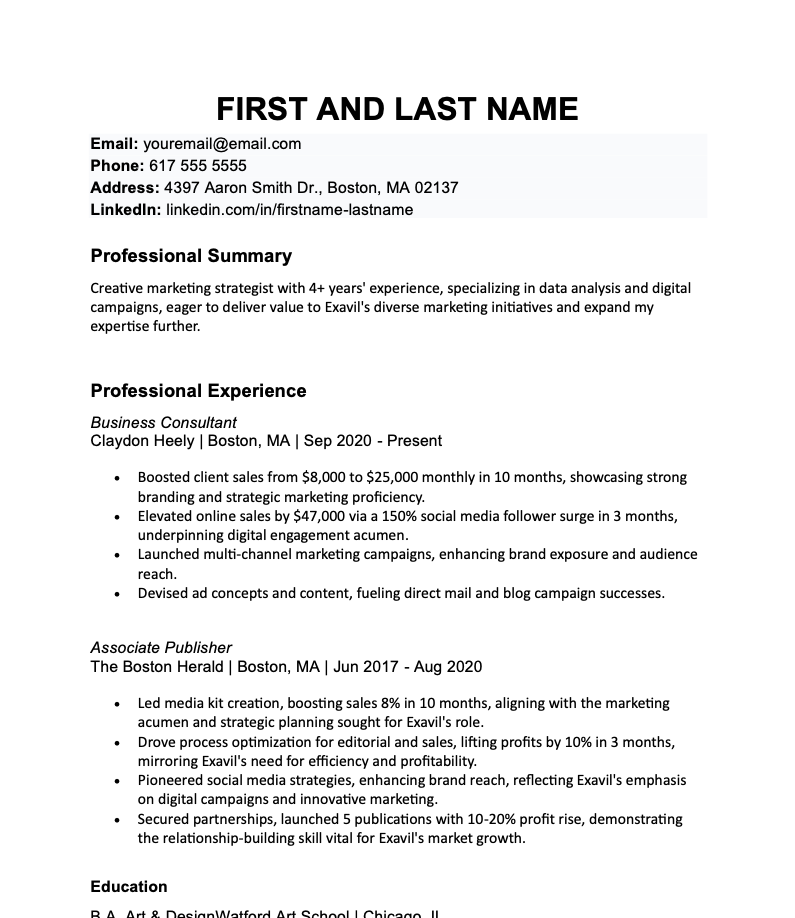 Example resume after customization